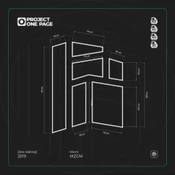 Schemat graficzny układu elementów strony internetowej z wymiarami w pikselach, logotypem Project One Page, informacją o dacie realizacji 2019 i kliencie MZGM oraz ikonami formatów plików PDF, SVG,...