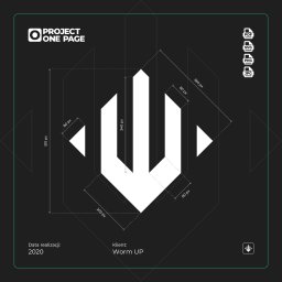 Project One Page Bartłomiej Lechowicz - Schemat techniczny logo klienta Worm UP, z wymiarami w pikselach, datą realizacji 2020 oraz ikonami formatów plików PDF, SVG, PNG, JPG.