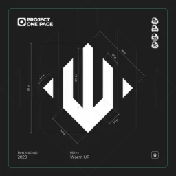 Schemat techniczny logo klienta Worm UP, z wymiarami w pikselach, datą realizacji 2020 oraz ikonami formatów plików PDF, SVG, PNG, JPG.