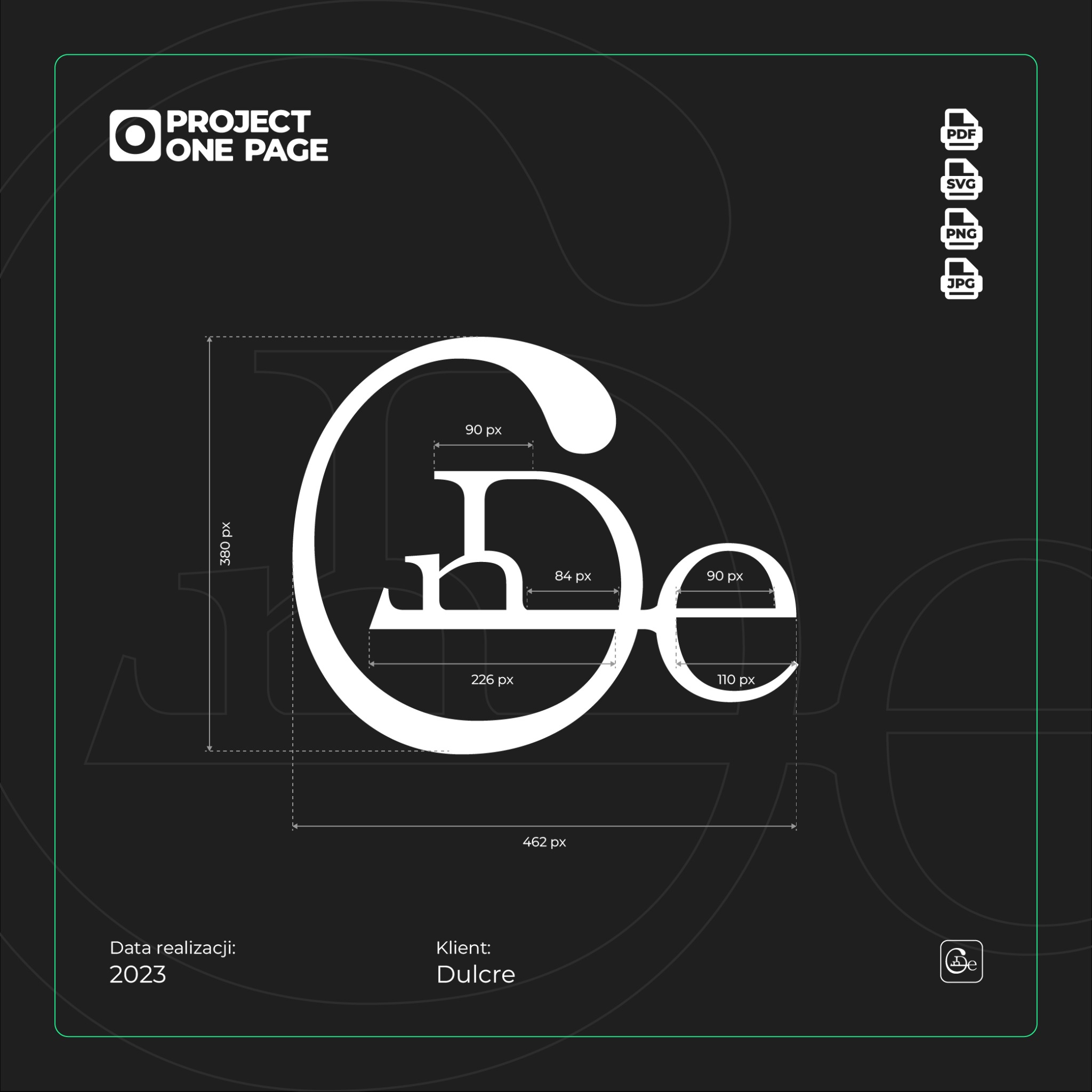 Projekt logo 'De' dla klienta Dulcre, z wymiarami w pikselach, formaty plików PDF, SVG, PNG, JPG, data realizacji 2023.