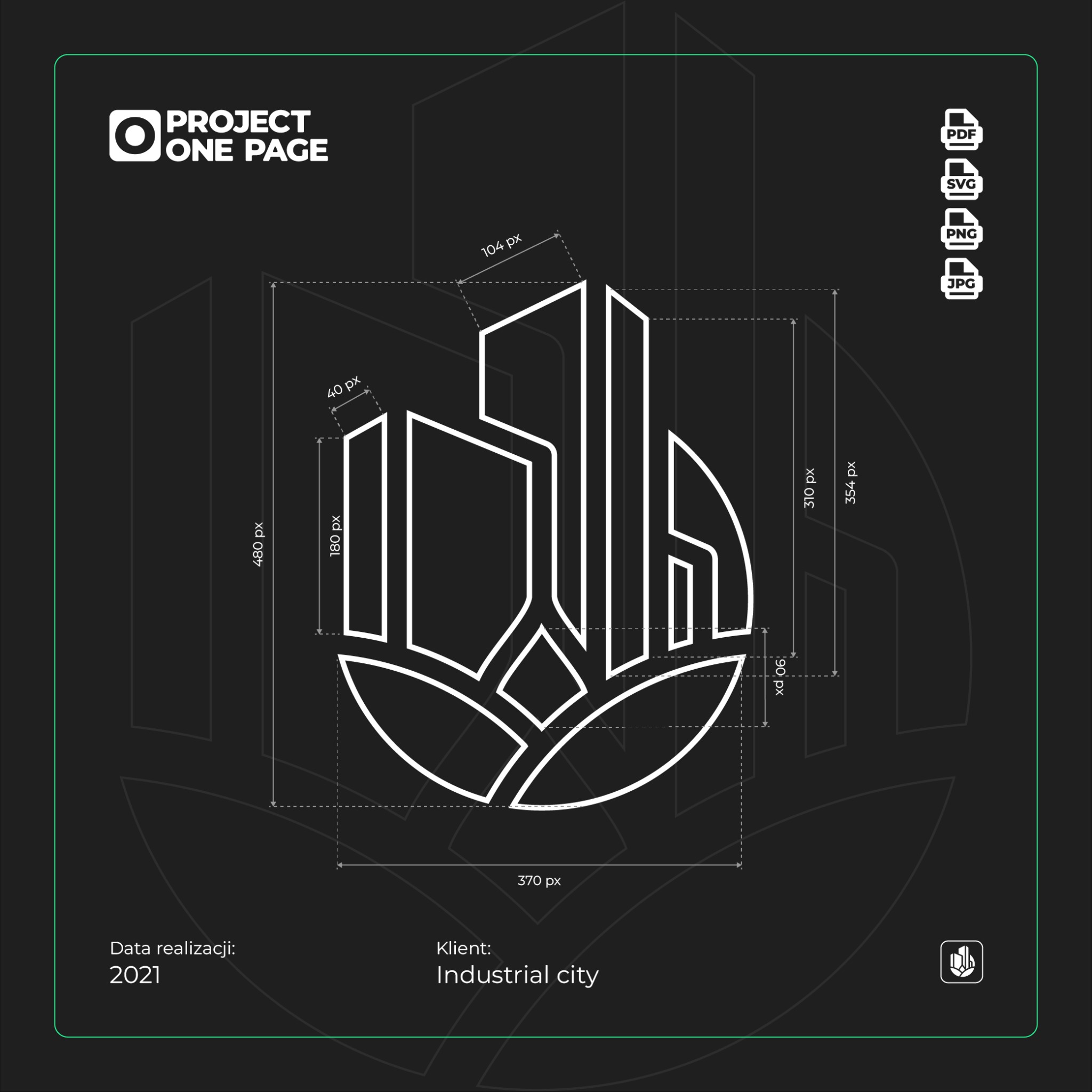 Schemat wymiarów logo dla klienta Industrial City, rok realizacji 2021, formaty zapisu PDF, SVG, PNG, JPG.