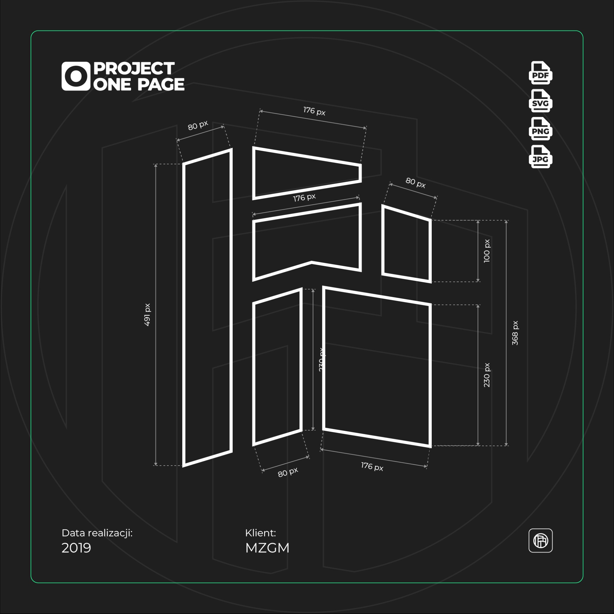 Schemat graficzny układu elementów strony internetowej z wymiarami w pikselach, logotypem Project One Page, informacją o dacie realizacji 2019 i kliencie MZGM oraz ikonami formatów plików PDF, SVG,...