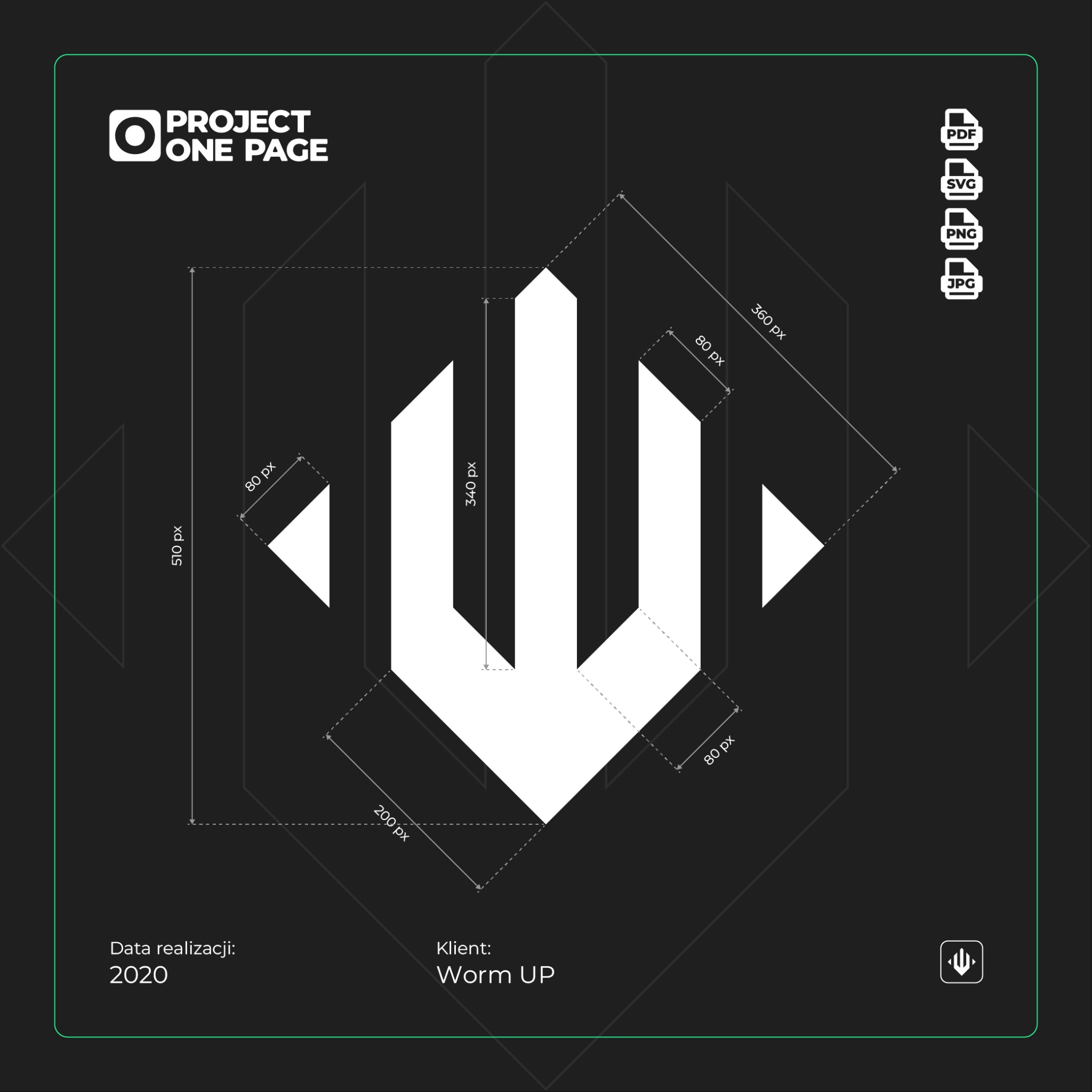 Schemat techniczny logo klienta Worm UP, z wymiarami w pikselach, datą realizacji 2020 oraz ikonami formatów plików PDF, SVG, PNG, JPG.