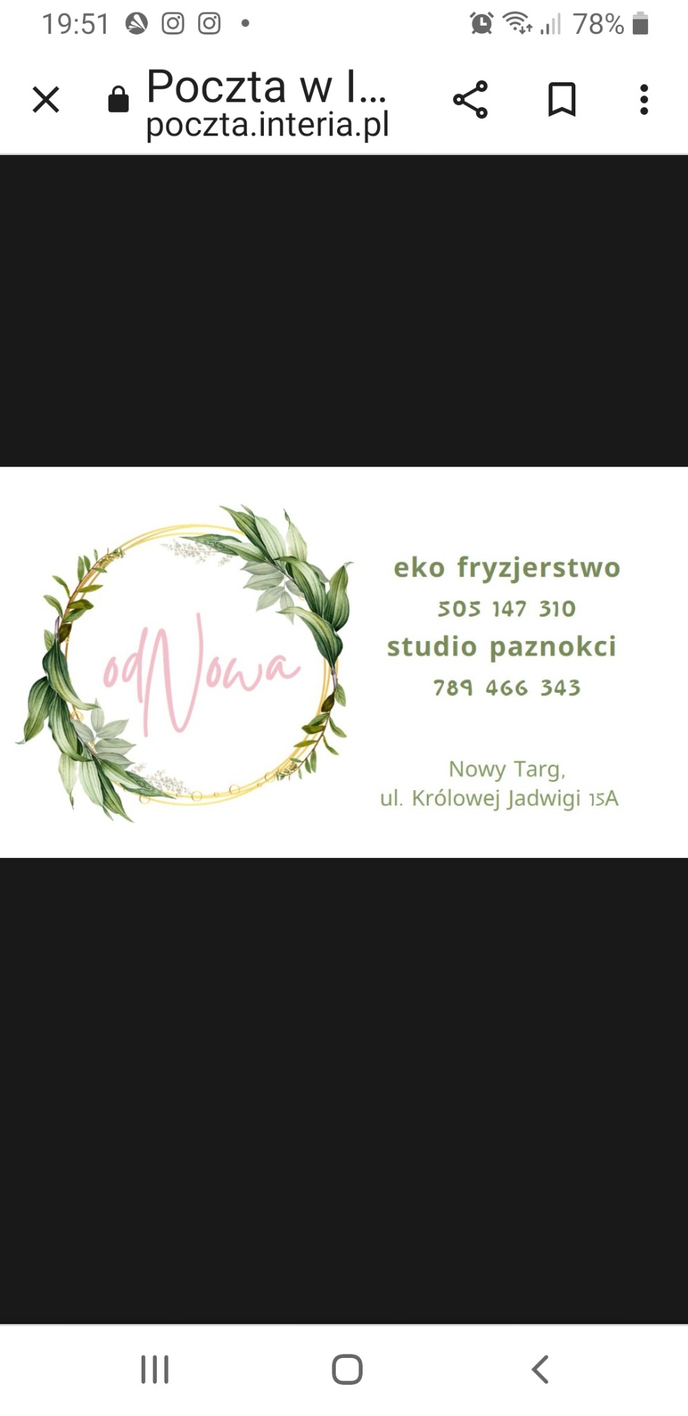 Wizytówka salonu fryzjerskiego i paznokciowego 'odNowa' w Nowym Targu, z dekoracyjnym wiankiem z zielonych liści wokół nazwy, obok dane kontaktowe.