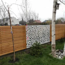 Drewniany płot z poziomych desek z ażurowym białym panelem dekoracyjnym, widoczne brzozy z budką dla ptak&oacute;w i młode drzewko.