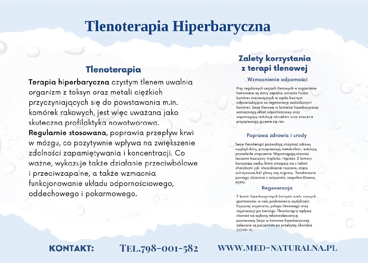 Infografika informująca o zaletach tlenoterapii hiperbarycznej, w tym wzmocnieniu odporności, poprawie zdrowia i urody oraz regeneracji organizmu.