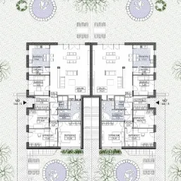 Szczegółowy plan architektoniczny bliźniaka z salonami, kuchniami, łazienkami i sypialniami, otoczonego zielenią i elementami małej architektury.