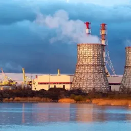 Dwa kominy chłodnicze elektrowni z czerwono-białymi czubkami, widoczne zza trzcin nad wodą, pod zachmurzonym niebem.