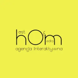 Logo firmy 'host of media agencja interaktywna' na żółtym tle, z charakterystycznym połączeniem liter w nazwie.