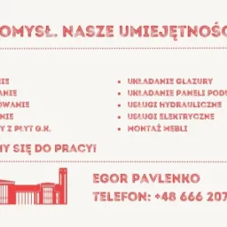 Grafika reklamowa firmy Egor Pavlenko oferującej usługi remontowe, w tym malowanie, tapetowanie, szpachlowanie, tynkowanie, zabudowy z płyt G.K., układanie glazury i paneli podłogowych, usługi...