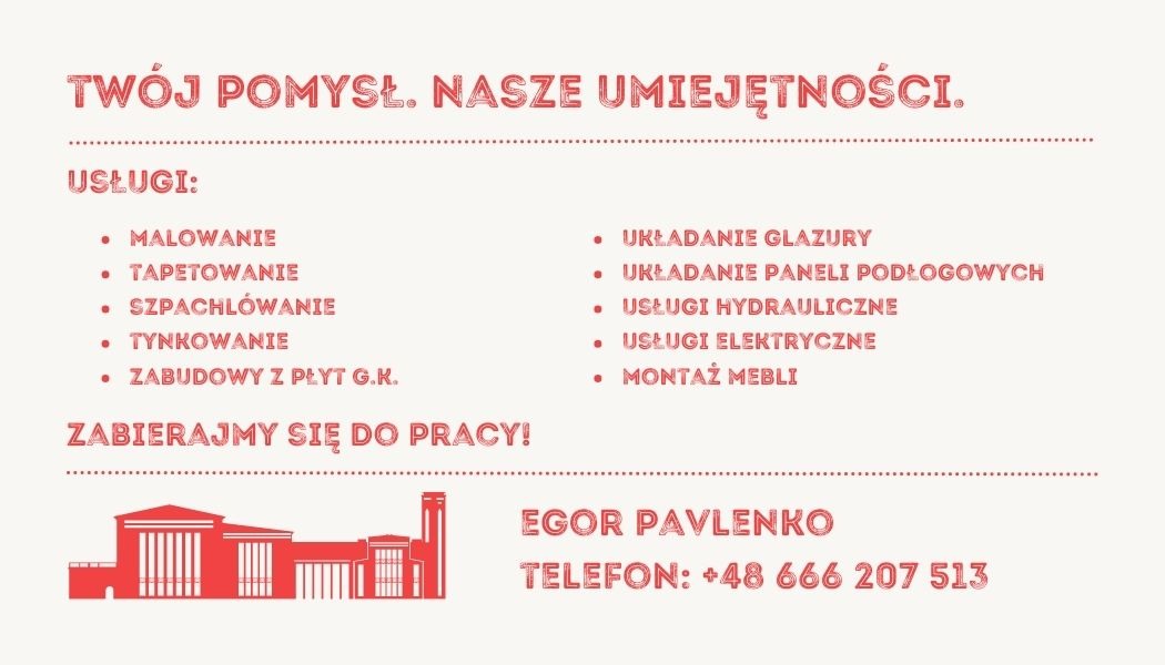 Grafika reklamowa firmy Egor Pavlenko oferującej usługi remontowe, w tym malowanie, tapetowanie, szpachlowanie, tynkowanie, zabudowy z płyt G.K., układanie glazury i paneli podłogowych, usługi...