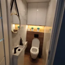 Nowoczesna toaleta z umywalką nablatową, okrągłym lustrem na pasku i drewnianymi akcentami, oświetlona punktowo, z roślinami w doniczkach na półce.