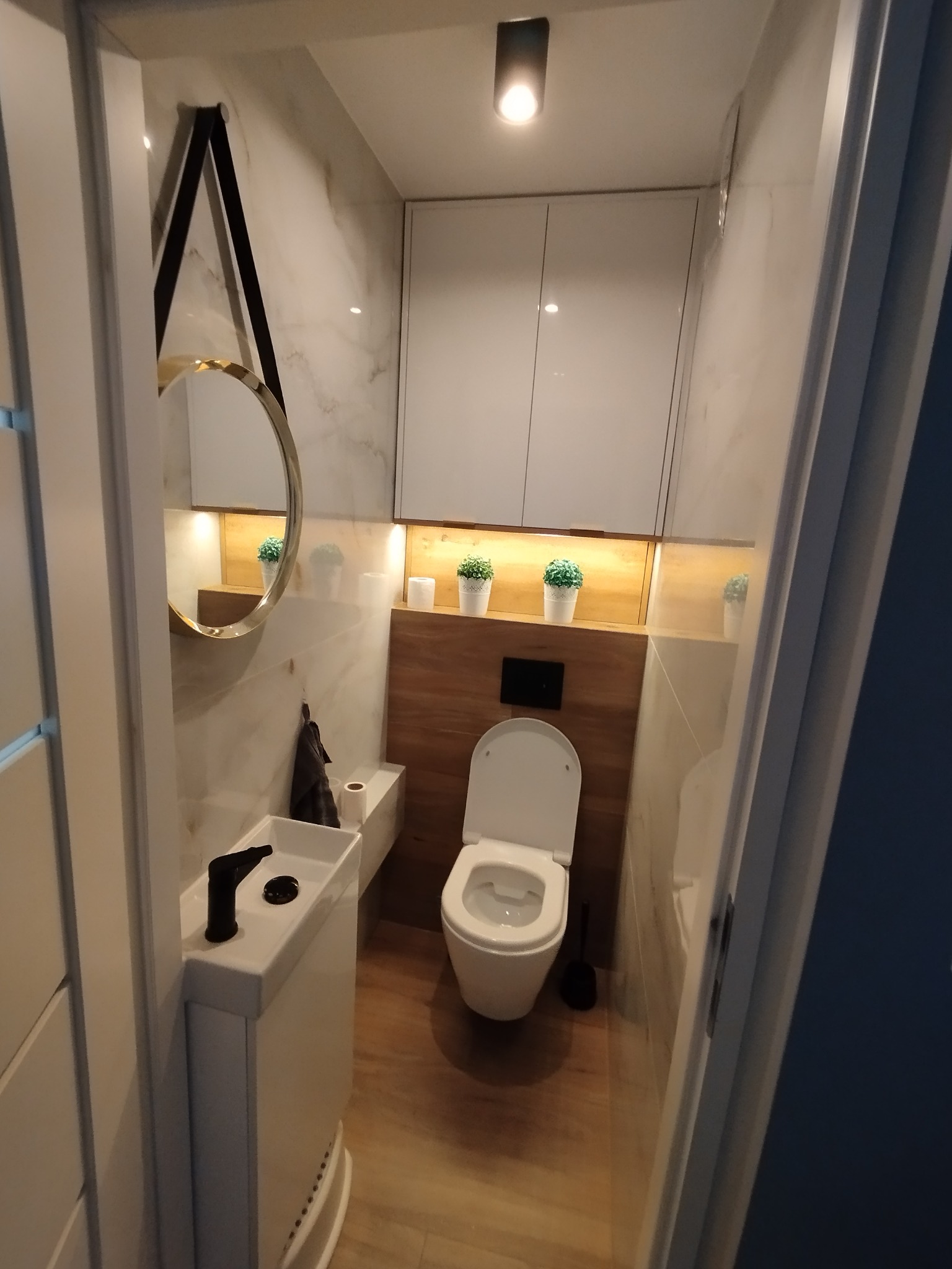 Nowoczesna toaleta z umywalką nablatową, okrągłym lustrem na pasku i drewnianymi akcentami, oświetlona punktowo, z roślinami w doniczkach na półce.