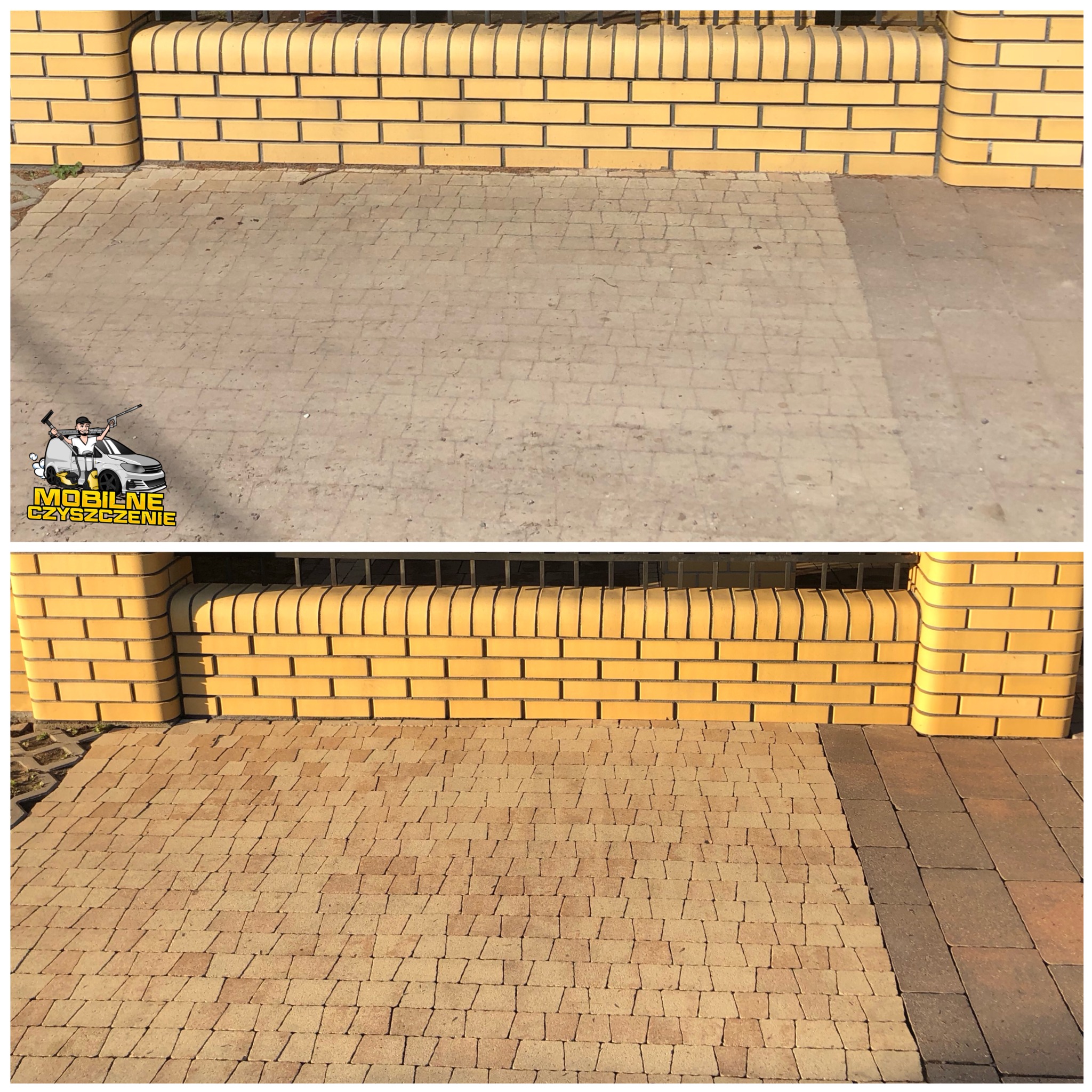 Porównanie kostki brukowej przed i po czyszczeniu, widoczne różnice w kolorze i usunięte zabrudzenia, żółty murek z cegły w tle.