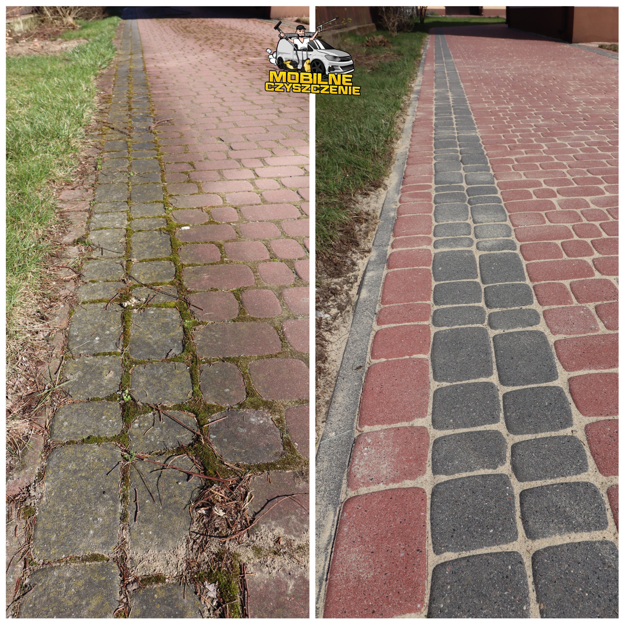 Porównanie kostki brukowej przed i po czyszczeniu: po lewej stronie zabrudzona mchem i resztkami organicznymi, po prawej czysta, z widoczną czerwoną i szarą barwą kostki.