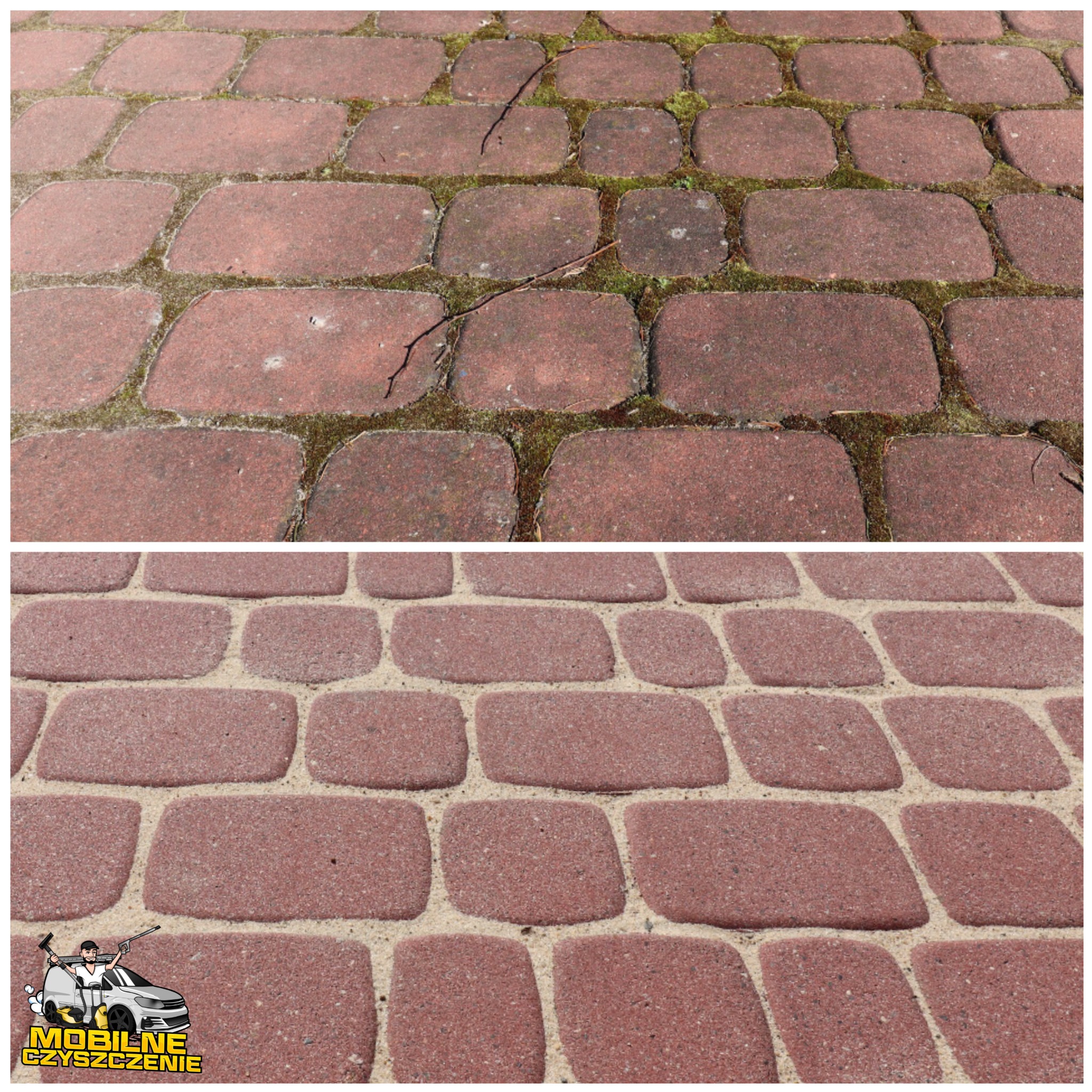 Porównanie kostki brukowej przed i po czyszczeniu: część górna pokryta mchem i zabrudzeniami, część dolna czysta z piaskiem w fugach. W lewym dolnym rogu widoczne logo firmy czyszczącej.