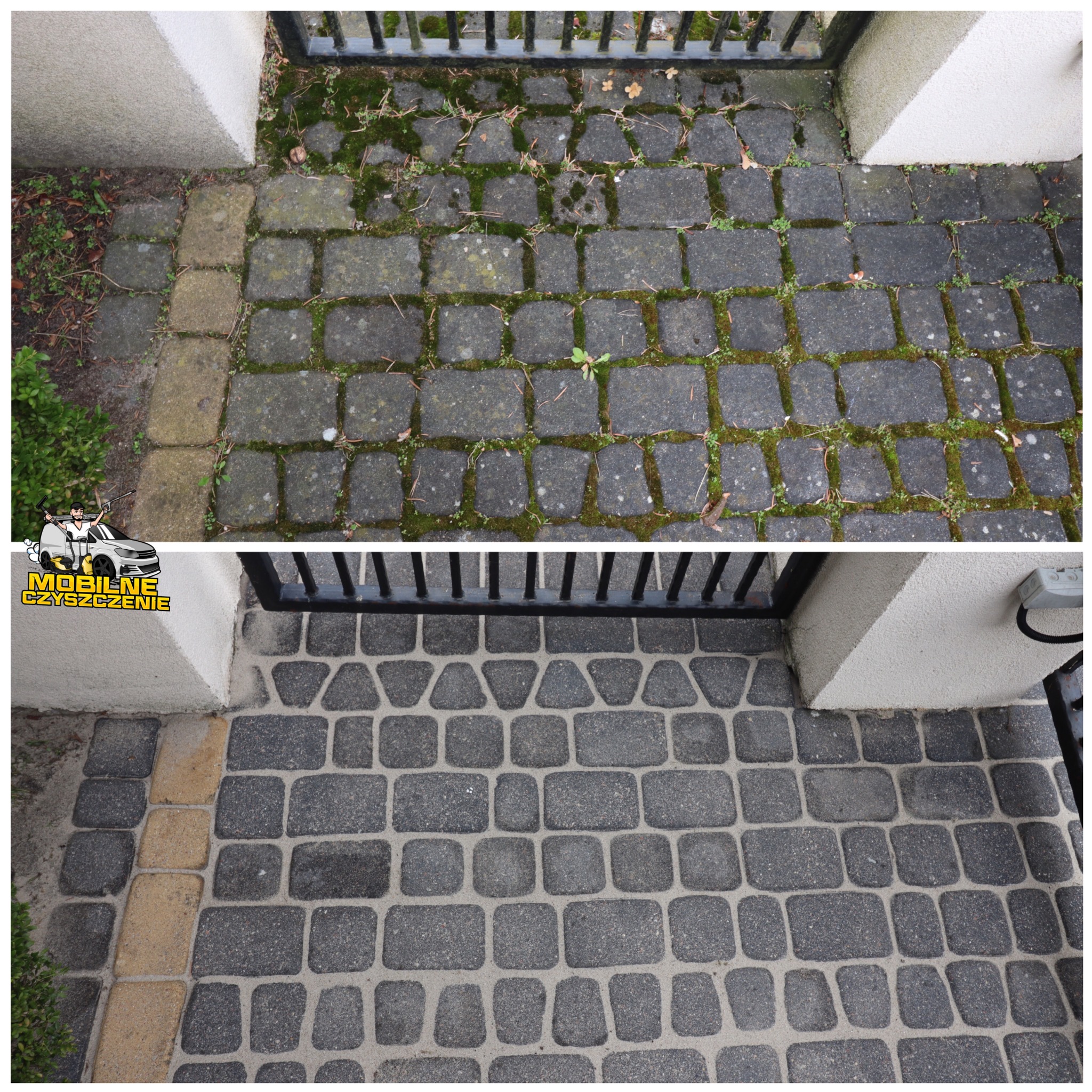 Porównanie kostki brukowej przed i po czyszczeniu: widoczna różnica w usunięciu mchu i zabrudzeń, z lewej strony zarośnięta, z prawej czysta, widok z góry.