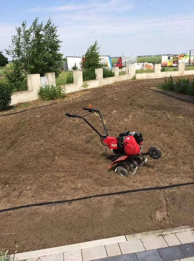 Czerwony glebogryzarek spalinowy stoi na świeżo przekopanej ziemi, widoczny fragment nawadniania kroplowego i betonowe ogrodzenie w tle.