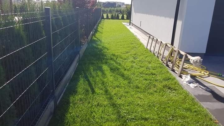 Świeżo ułożona trawa z rolki przylegająca do ogrodzenia panelowego i ściany budynku z rozłożoną drabiną i zwiniętym wężem ogrodowym.