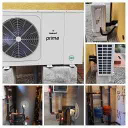 Zestawienie zdjęć: zewnętrzna jednostka pompy ciepła Galmet Prima na betonowych fundamentach, widok z boku z rurami w izolacji wchodzącymi w ścianę, oraz wewnętrzne elementy instalacji z rurami...