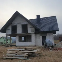 Surowy stan domu z białego pustaka, czarny dach z kominem, na pierwszym planie stos desek i betoniarka, w tle zielony dom.