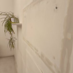 Łukasz Perliceusz - Ściana po nałożeniu gładzi, widoczne ślady po szpachlowaniu. Na ścianie półka z rośliną doniczkową. Przygotowanie do malowania w jasnym wnętrzu.