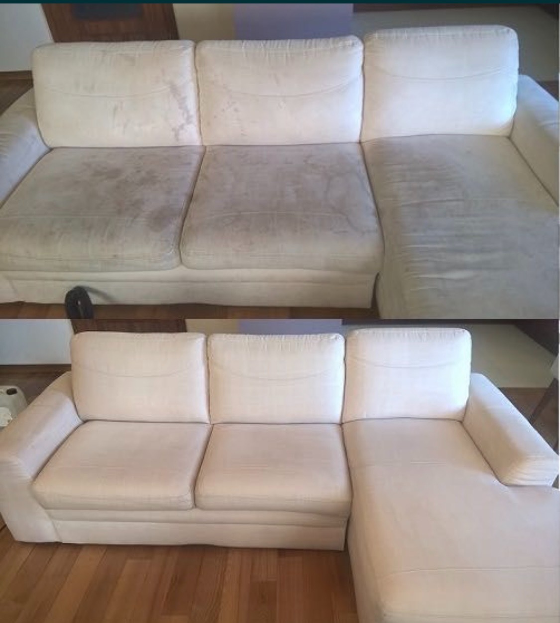 Porównanie: narożnik z jasną tapicerką, widoczne silne zabrudzenia na górnym zdjęciu, dolne zdjęcie prezentuje narożnik po czyszczeniu, z odzyskanym jasnym kolorem tapicerki.