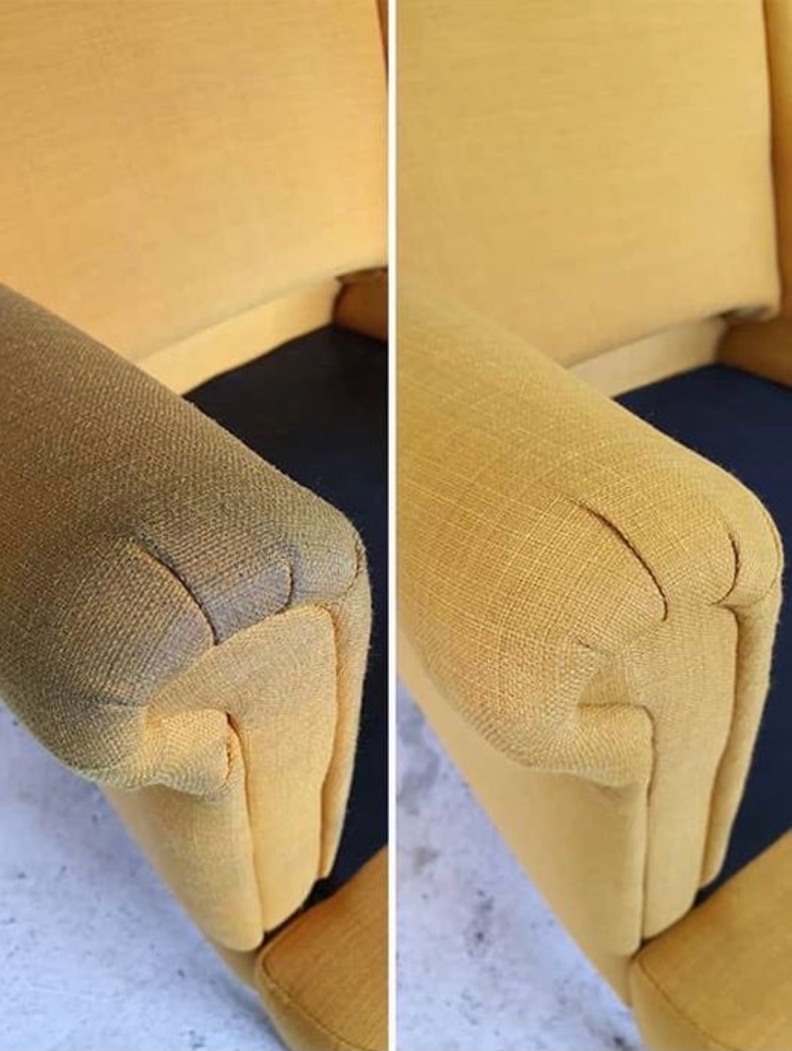 Żółty fotel tapicerowany: ramię fotela po lewej stronie jest wyraźnie brudne, po prawej - po czyszczeniu, widoczne różnice w odcieniu i fakturze materiału.