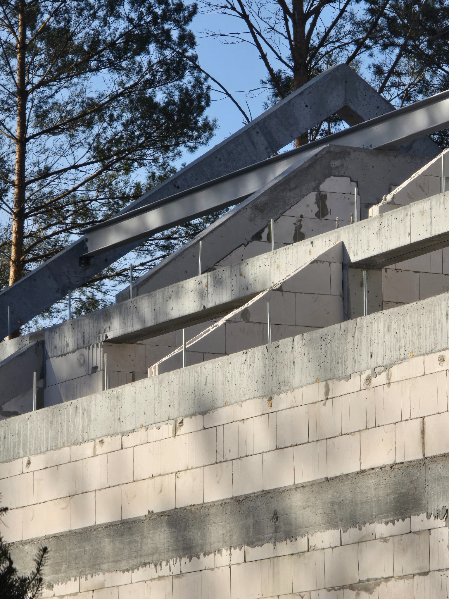 Surowa konstrukcja budynku z betonu komórkowego i stalowych belek na tle drzew i błękitnego nieba, widok z dołu, wczesny etap budowy.