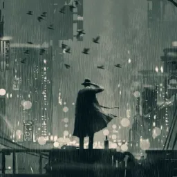 Stylizowany obraz: mężczyzna w kapeluszu i płaszczu stoi na tle deszczowego, nocnego miasta z butelką obok, obserwując ptaki.
