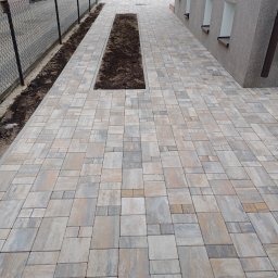 Solis - Roboty Ziemne Instalacje Sanitarne - Nowa, wielobarwna kostka brukowa ułożona na podjeździe, z wyznaczonymi miejscami na zieleń i pracownikiem zagęszczającym podłoże w tle.