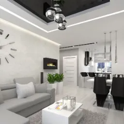 Nowoczesny salon w odcieniach szarości i bieli z dekoracyjnym kominkiem, dużym zegarem na ścianie i designerskimi lampami wiszącymi.