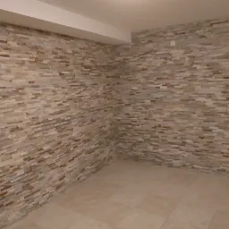 Ściana wykończona dekoracyjną okładziną z kamienia w odcieniach beżu i brązu, układana w poziome pasy, widoczne łączenia między elementami, jasna podłoga z płytek w podobnej tonacji, wnętrze bez...