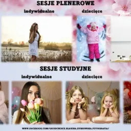 Kompozycja zdjęć prezentująca różne rodzaje sesji fotograficznych: rodzinne na śniegu, indywidualna w plenerze, dziecięca w śnieżnym aniele, sesja dla par nad jeziorem, rodzinna w studio, portret...