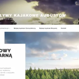 Strona internetowa z nagłówkiem 'Spływy Kajakowe Augustów' i zdjęciem drzew pod pochmurnym niebem, promująca jednodniowe spływy Czarną Hańczą.