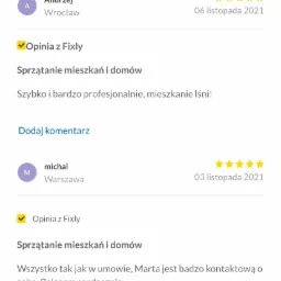 Zrzut ekranu z aplikacji Fixly Pro prezentujący opinie klientów na temat sprzątania mieszkań i domów, z ocenami w postaci gwiazdek i pozytywnymi komentarzami o profesjonalizmie i kontakcie.