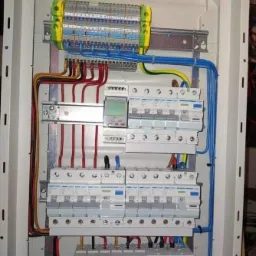 Rozdzielnica elektryczna w obudowie, widoczne liczne zabezpieczenia nadprądowe, przewody w różnych kolorach oraz listwy zaciskowe z opisami.