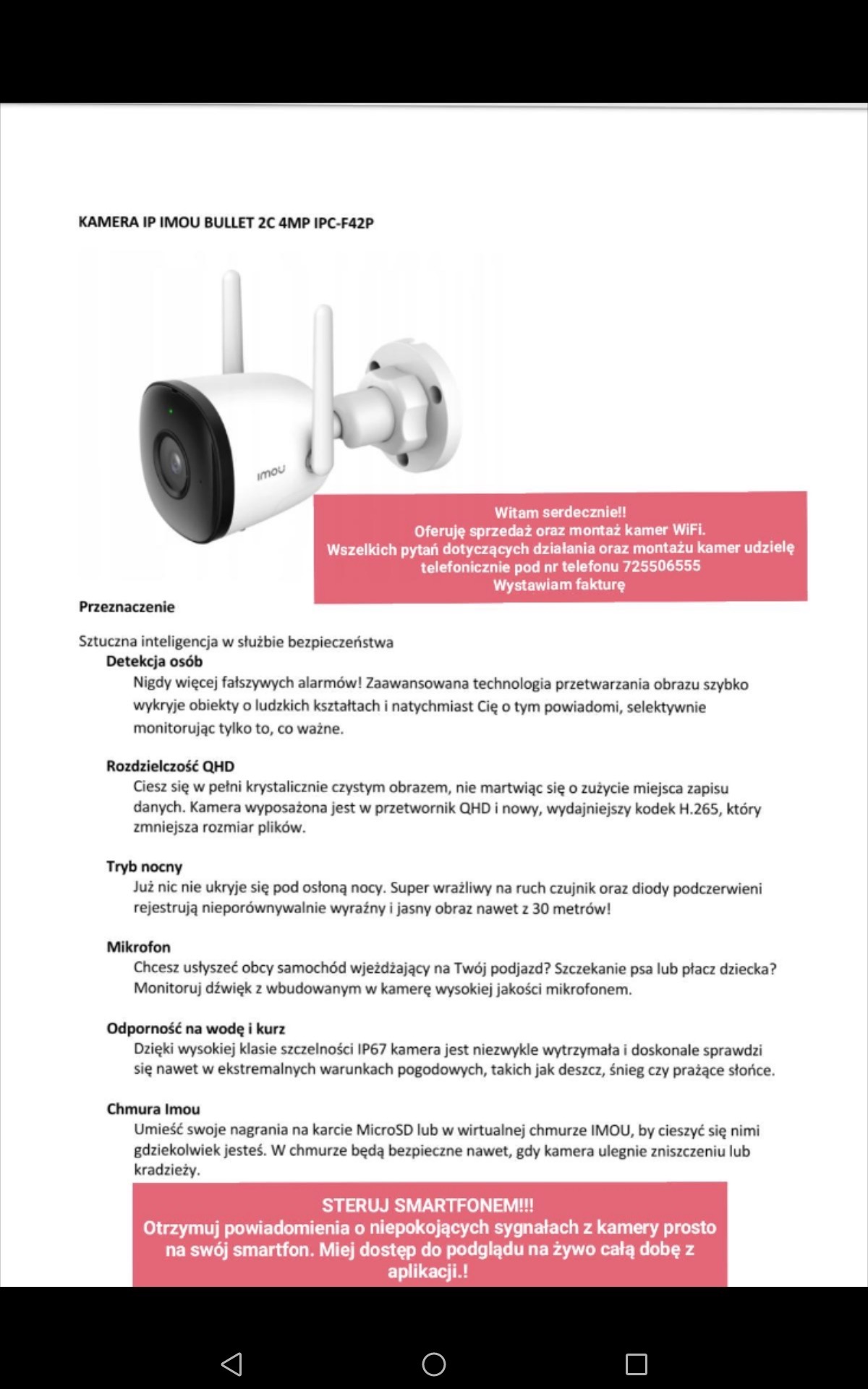 Biała kamera IP Imou Bullet 2C 4MP IPC-F42P z antenami, przeznaczona do monitoringu zewnętrznego, z informacją o ofercie sprzedaży i montażu kamer WiFi oraz numerem telefonu kontaktowego.