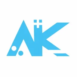 Stylizowane logo AK w odcieniach błękitu na białym tle, litera A z okrągłym elementem, N z elementem przypominającym zamek, K z poziomą kreską.