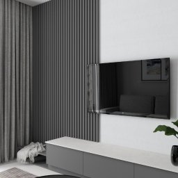 Studio 4.0 - Projektowanie wnętrz - Nowoczesny salon z szarymi zasłonami, lamelami ściennymi i minimalistyczną szafką RTV z dekoracjami roślinnymi