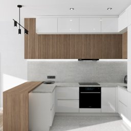 Studio 4.0 - Projektowanie wnętrz - Nowoczesna kuchnia z białymi szafkami na wysoki połysk, drewnianym panelem ściennym i blatem, minimalistyczną lampą sufitową oraz szarą pufą w salonie.
