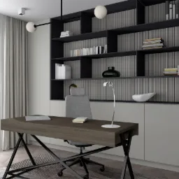 Nowoczesny gabinet z biurkiem o ciemnym blacie i metalowych nogach, szara tapicerowana krzesło obrotowe, regał z półkami w odcieniach szarości i czerni, lampa biurkowa i laptop na biurku, jasne...