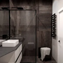Nowoczesna łazienka z ciemnymi, rdzawymi płytkami imitującymi metal, kabina prysznicowa walk-in z czarną ramą, biała umywalka nablatowa na szarym blacie, czarny grzejnik drabinkowy i czarne akcenty.