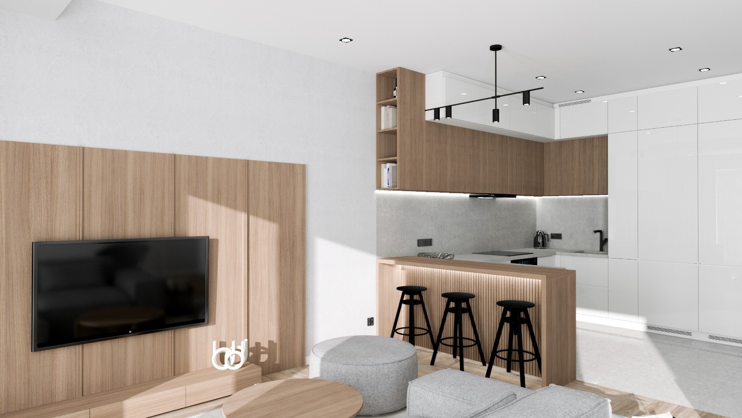 Nowoczesny salon z aneksem kuchennym, drewniana zabudowa ściany z telewizorem, szare pufy i okrągły stolik kawowy, wyspa kuchenna z hokerami, białe szafki kuchenne.