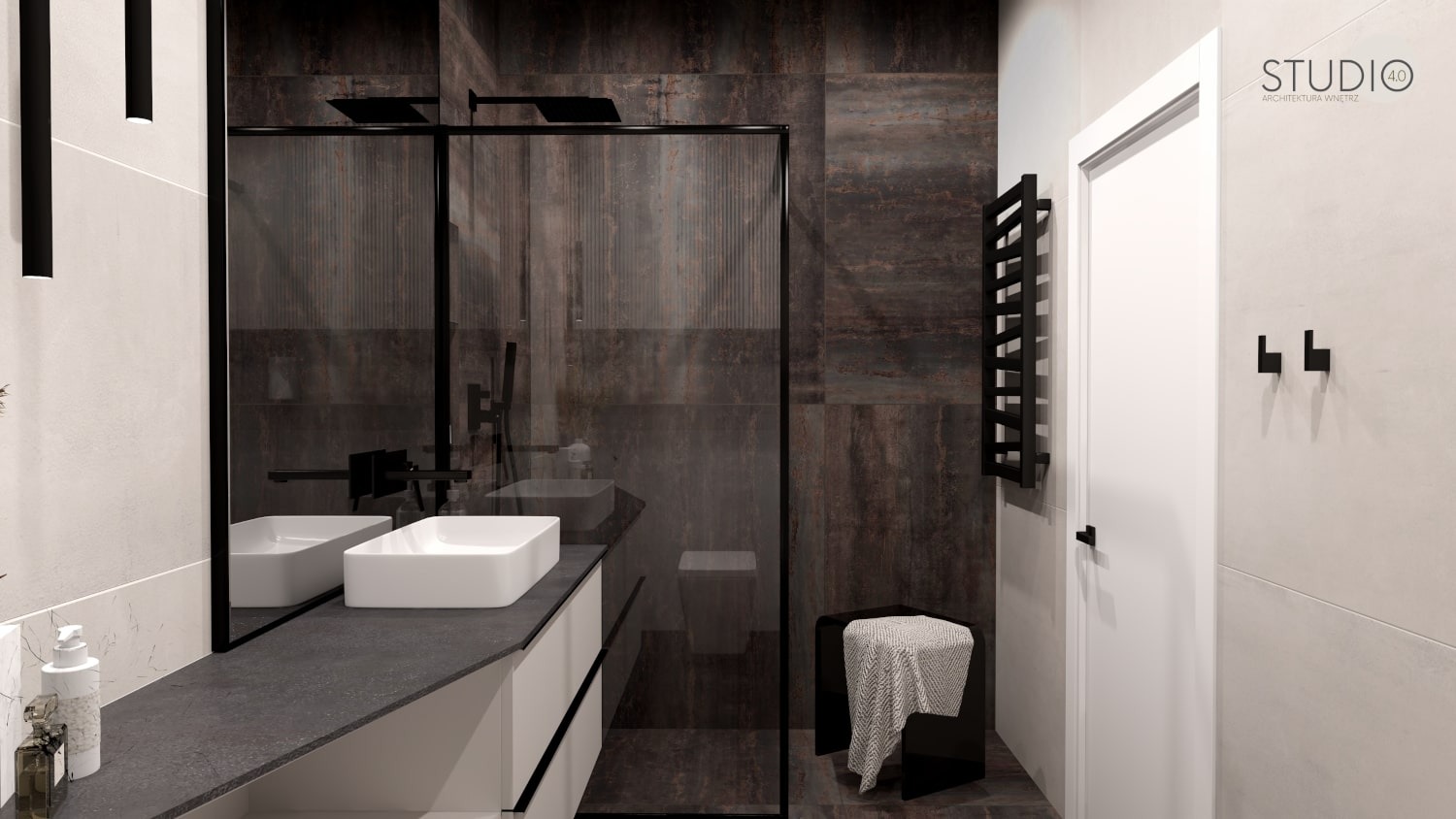 Nowoczesna łazienka z ciemnymi, rdzawymi płytkami imitującymi metal, kabina prysznicowa walk-in z czarną ramą, biała umywalka nablatowa na szarym blacie, czarny grzejnik drabinkowy i czarne akcenty.