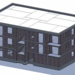 Wizualizacja 3D budynku w stanie surowym, z ceglanymi ścianami bez okien i drzwi, widoczne schody zewnętrzne, płaski dach z płyt betonowych.