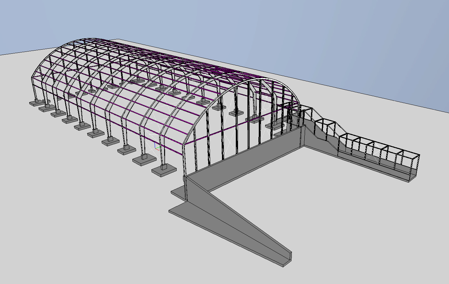 Wizualizacja 3D szkieletu hali z elementami konstrukcji stalowej, ukazująca detale fundamentów i połączeń, z rampą wjazdową, na szarym tle.