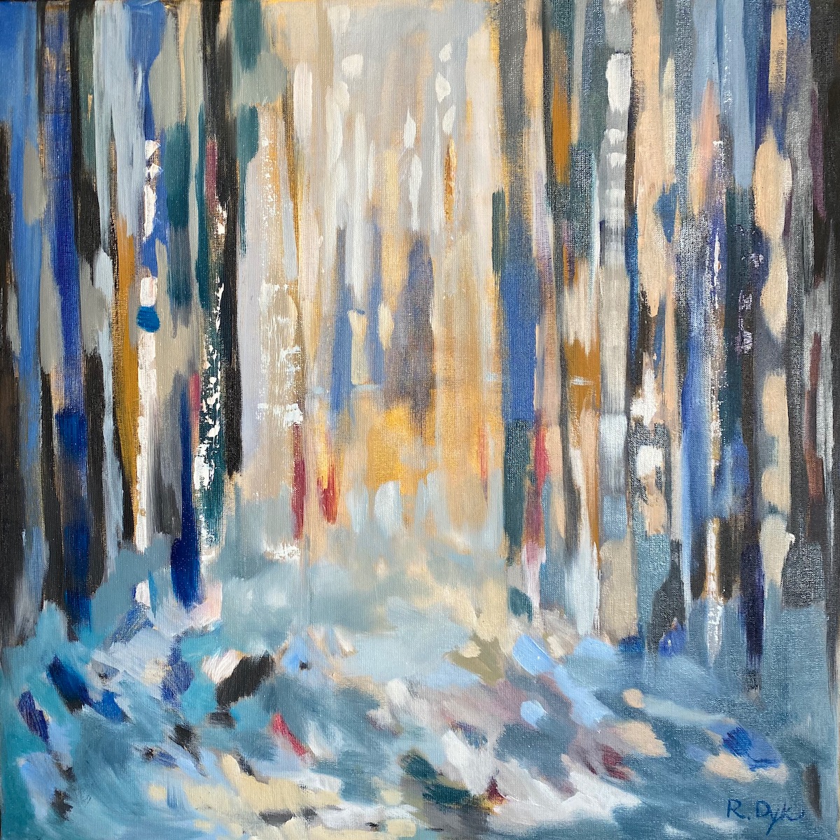 Abstrakcyjny obraz olejny przedstawiający las w odcieniach niebieskiego, szarego i złotego, w stylu ekspresjonistycznym, z widoczną fakturą farby na płótnie.