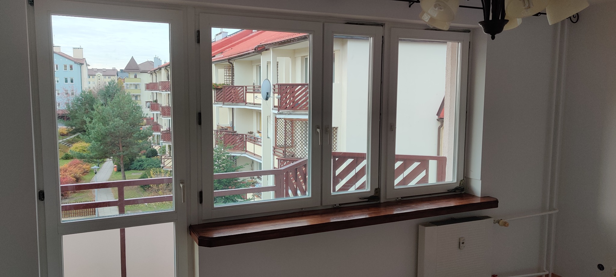 Trzyczęściowe białe okno z drewnianym parapetem, widok na budynki z balkonami i drzewa w jesiennych barwach.