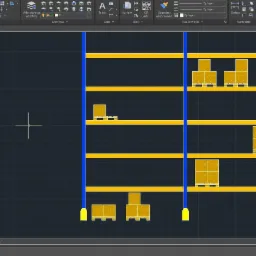 Schemat regałów magazynowych z paletami w programie CAD, widok 2D szkieletowy, prezentujący układ i rozmieszczenie towarów na różnych poziomach.